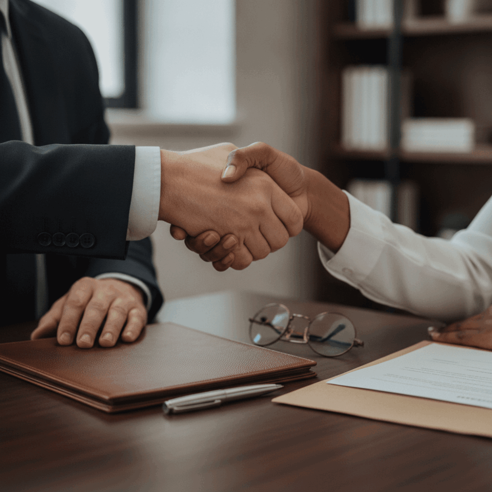 Poignée de main entre avocat et client au moment de signer une convention d'honoraires