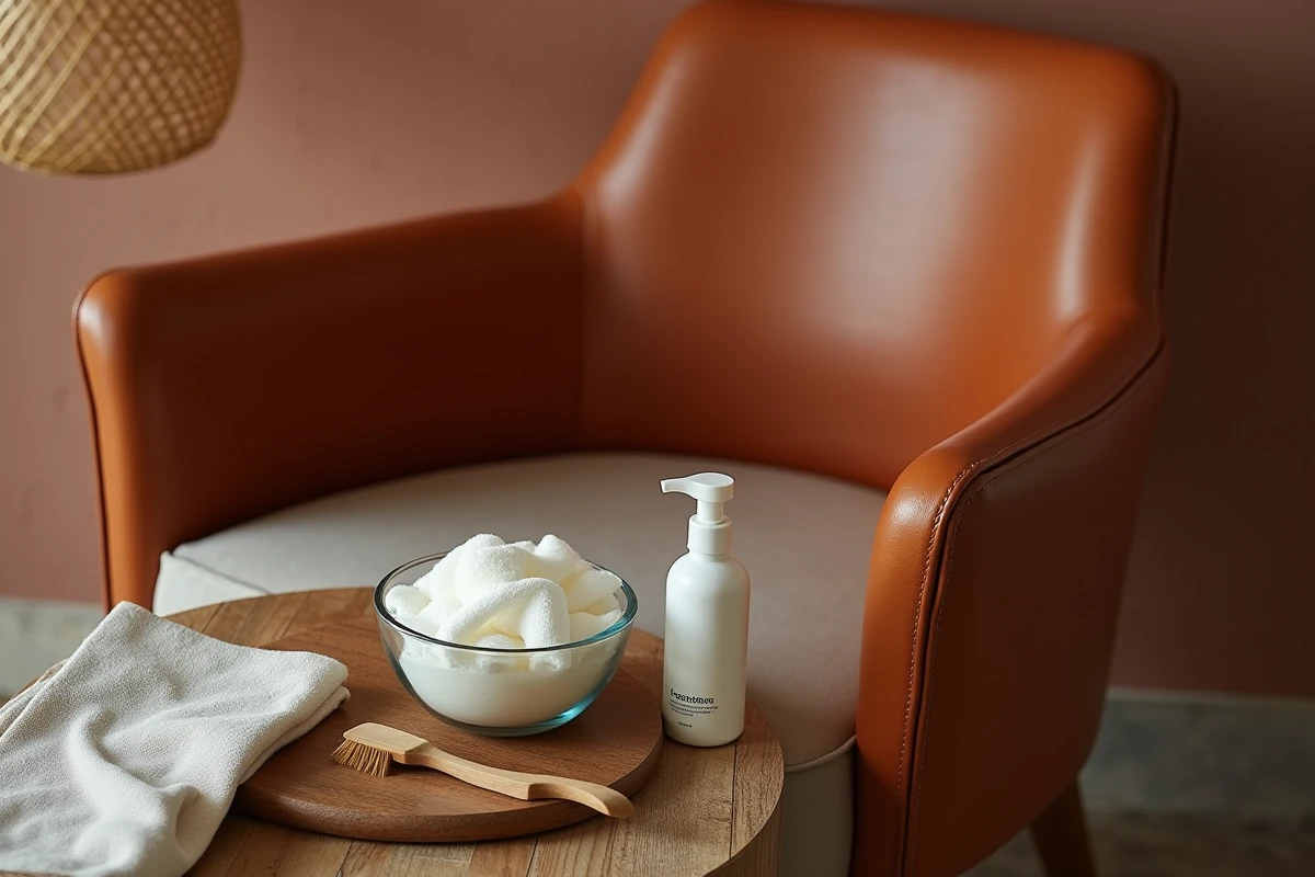 Accessoires d'entretien pour assises tapissées disposés près d'une chaise en cuir et tissu dans une salle à manger rustique
