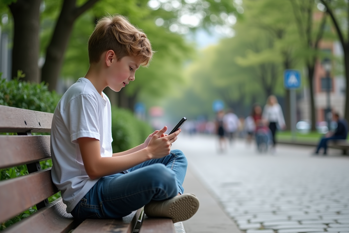 Adolescent assis sur un banc de parc regardant son smartphone