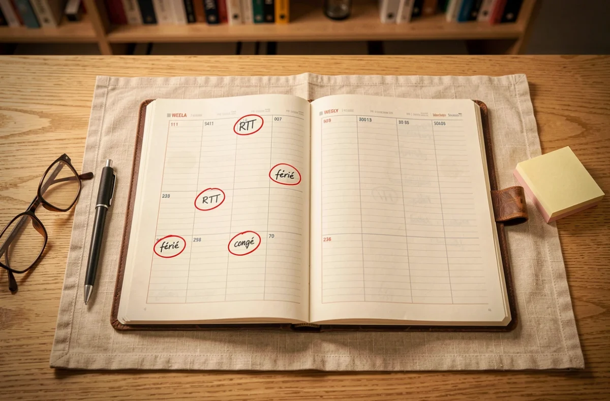 Vue aérienne d'un agenda papier avec annotations RTT, jours fériés et congés ouvrables sur un bureau en bois