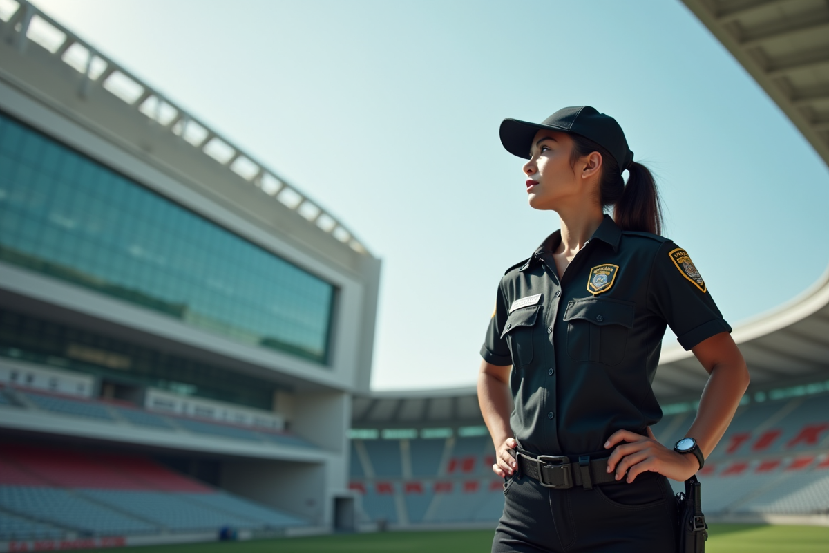 Femme agent de sécurité devant un stade sportif moderne