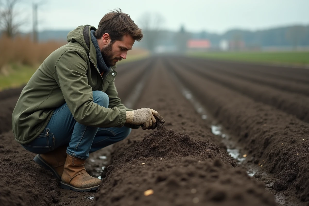 Jeune agriculteur débutant examinant un échantillon de sol dans un champ labouré pour comprendre la gestion agricole Terrena terciel