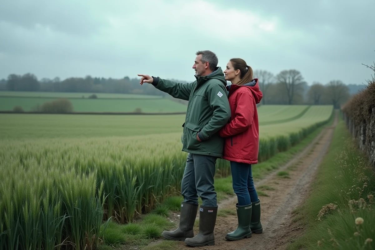 Deux agriculteurs en discussion au bord d'un champ de blé au printemps pour illustrer l'accompagnement Terrena terciel auprès des débutants