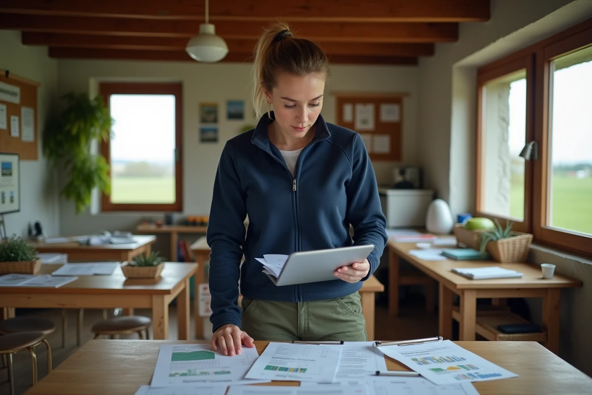 Agricultrice débutante consultant des documents sur le système Terrena terciel dans un bureau de coopérative agricole rurale
