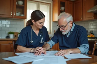 Aide à domicile aidant une personne âgée avec des démarches administratives URSSAF pour services à la personne