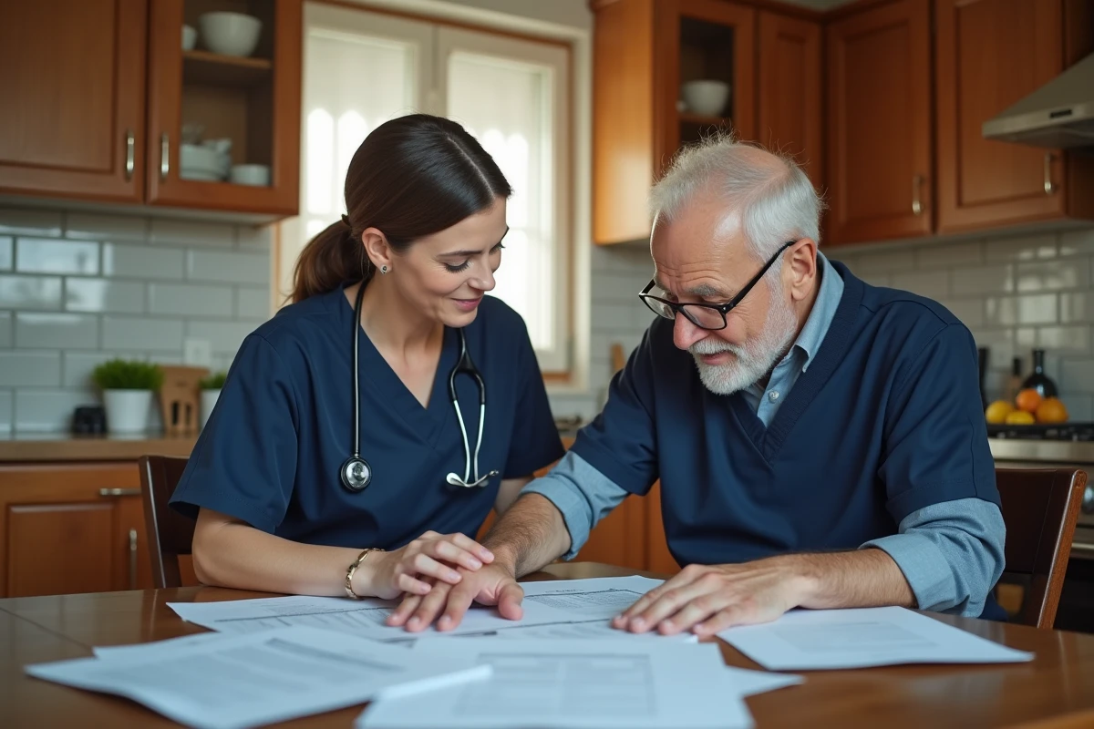 Aide à domicile aidant une personne âgée avec des démarches administratives URSSAF pour services à la personne