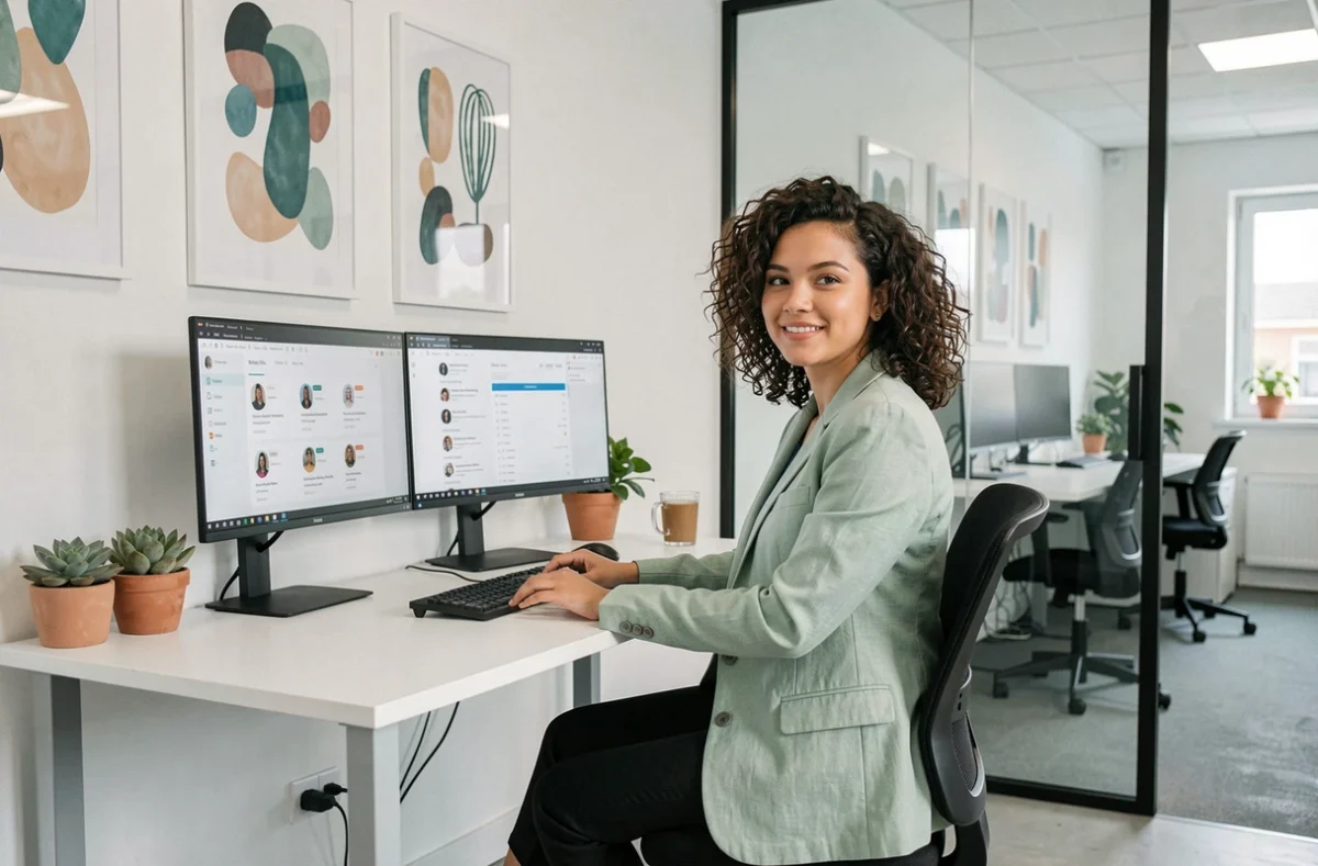 Consultante d'Amalo Recrutement travaillant sur des profils de candidats dans un bureau moderne et lumineux