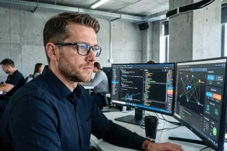 Analyste en cybersécurité concentré devant plusieurs écrans de surveillance réseau dans un bureau technologique moderne