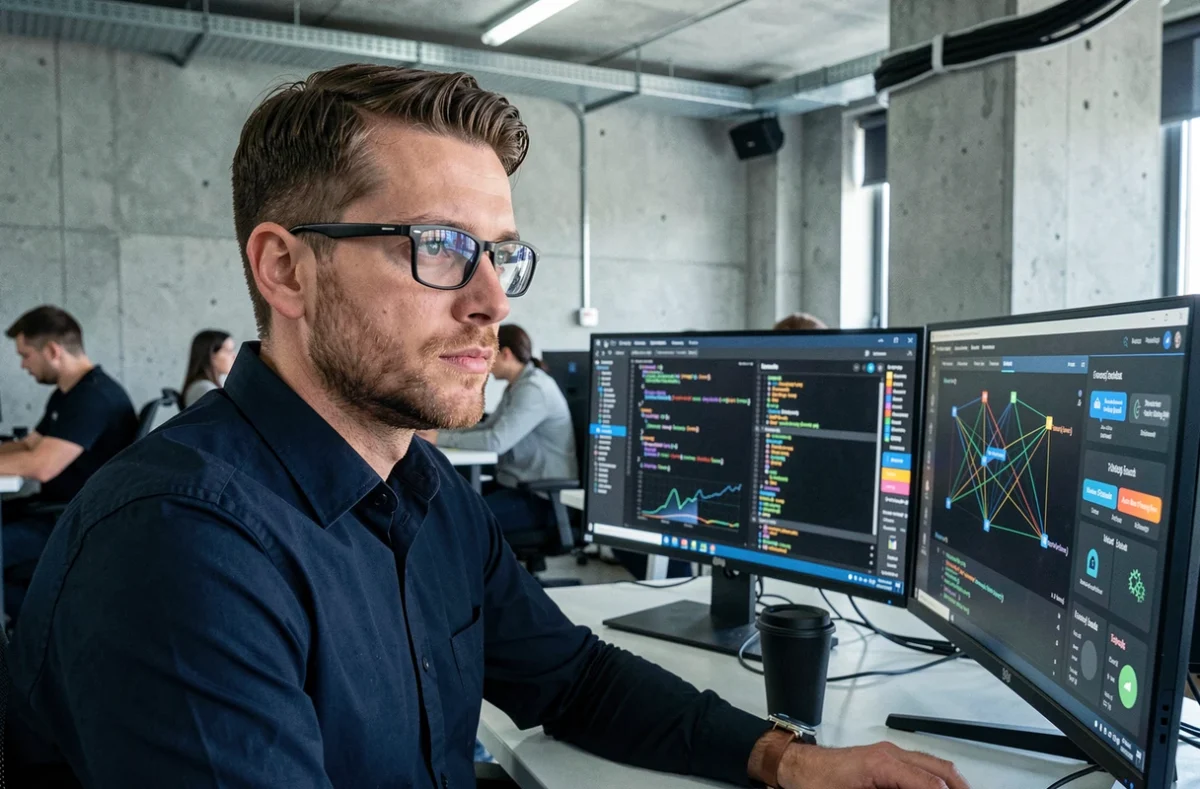 Analyste en cybersécurité concentré devant plusieurs écrans de surveillance réseau dans un bureau technologique moderne