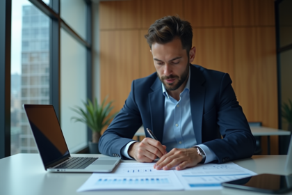 Analyste financier en costume bleu examine un rapport merger