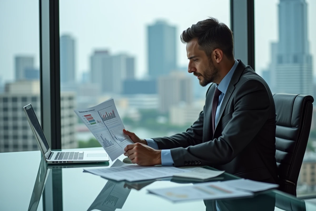 Analyste financier examinant des rapports sur le secteur automobile et l'investissement dans des constructeurs comme Stellantis