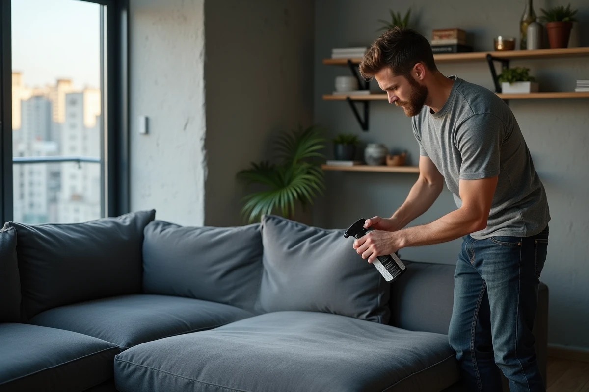 Homme appliquant un spray protecteur sur un canapé tapissé gris anthracite dans un appartement urbain contemporain