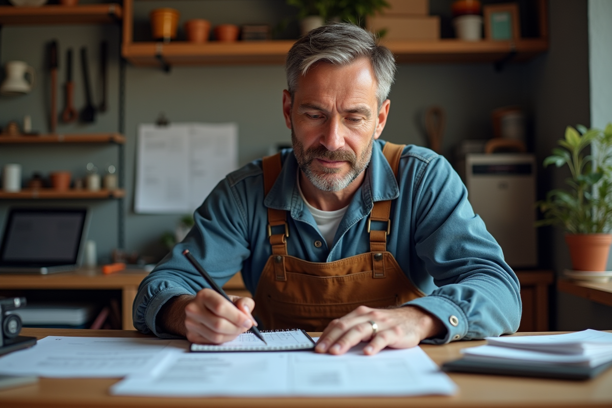 Artisan homme en bureau étudiant des factures et calculs