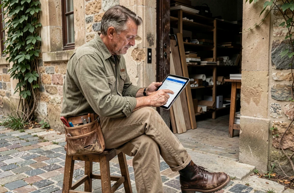 Artisan expérimenté consultant un contrat de portage salarial sur tablette devant son atelier en pierre