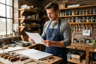 Artisan indépendant examinant un document administratif dans son atelier, symbolisant la démarche vers le portage salarial