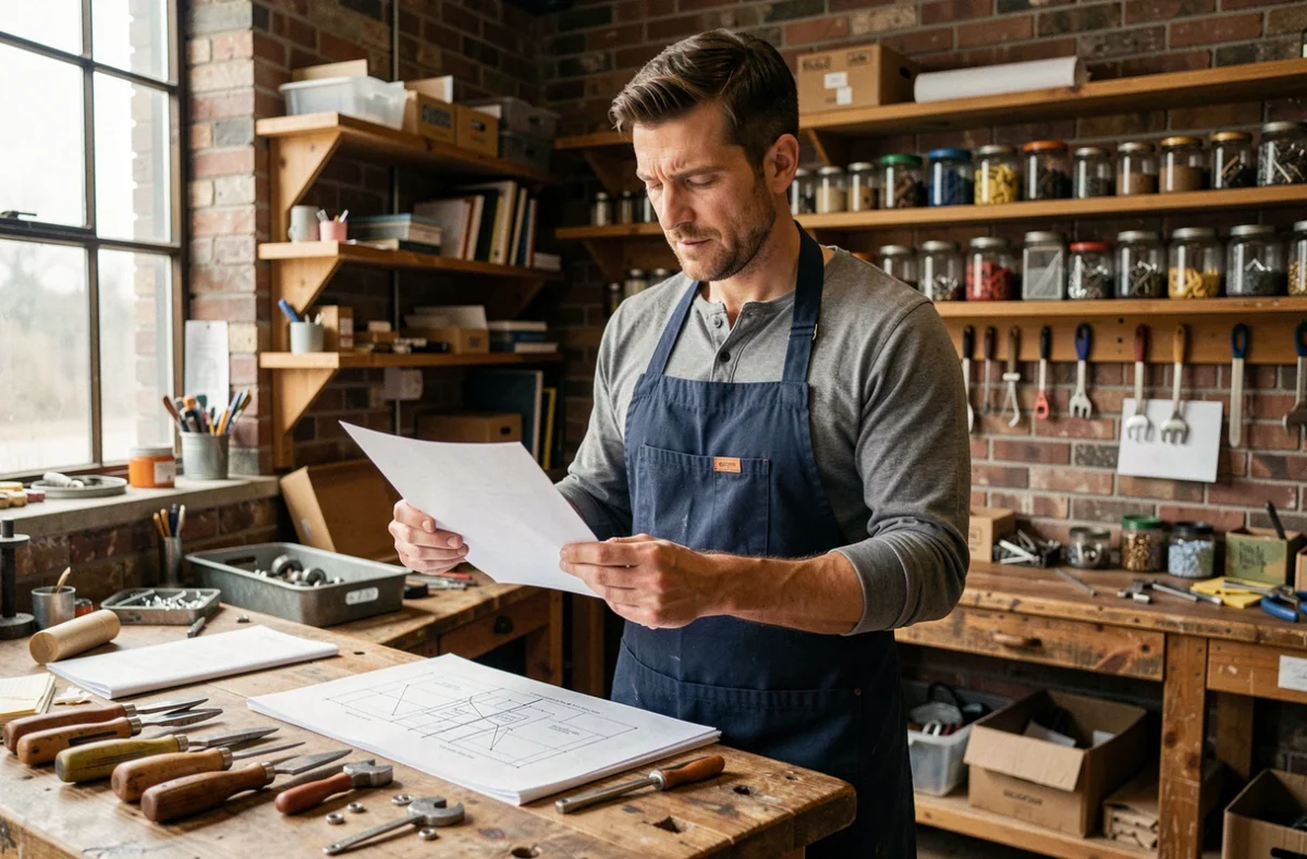 Artisan indépendant examinant un document administratif dans son atelier, symbolisant la démarche vers le portage salarial