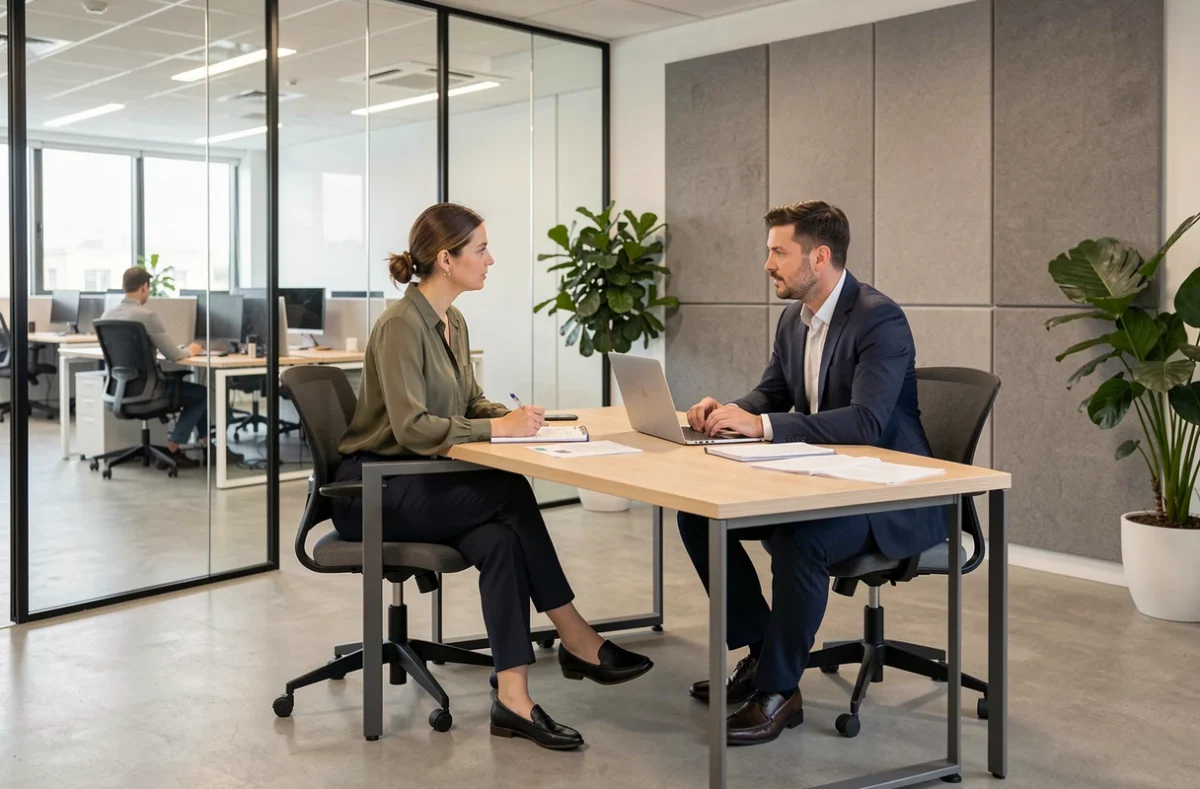 Artisane indépendante en réunion avec un consultant en portage salarial dans un espace de coworking moderne