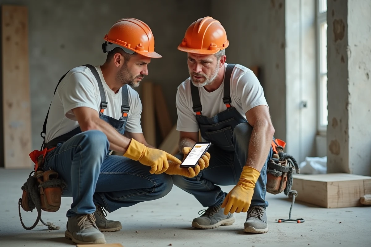 Deux artisans du BTP consultant ensemble une application de suivi de chantier et de prix sur smartphone lors d'un chantier de rénovation