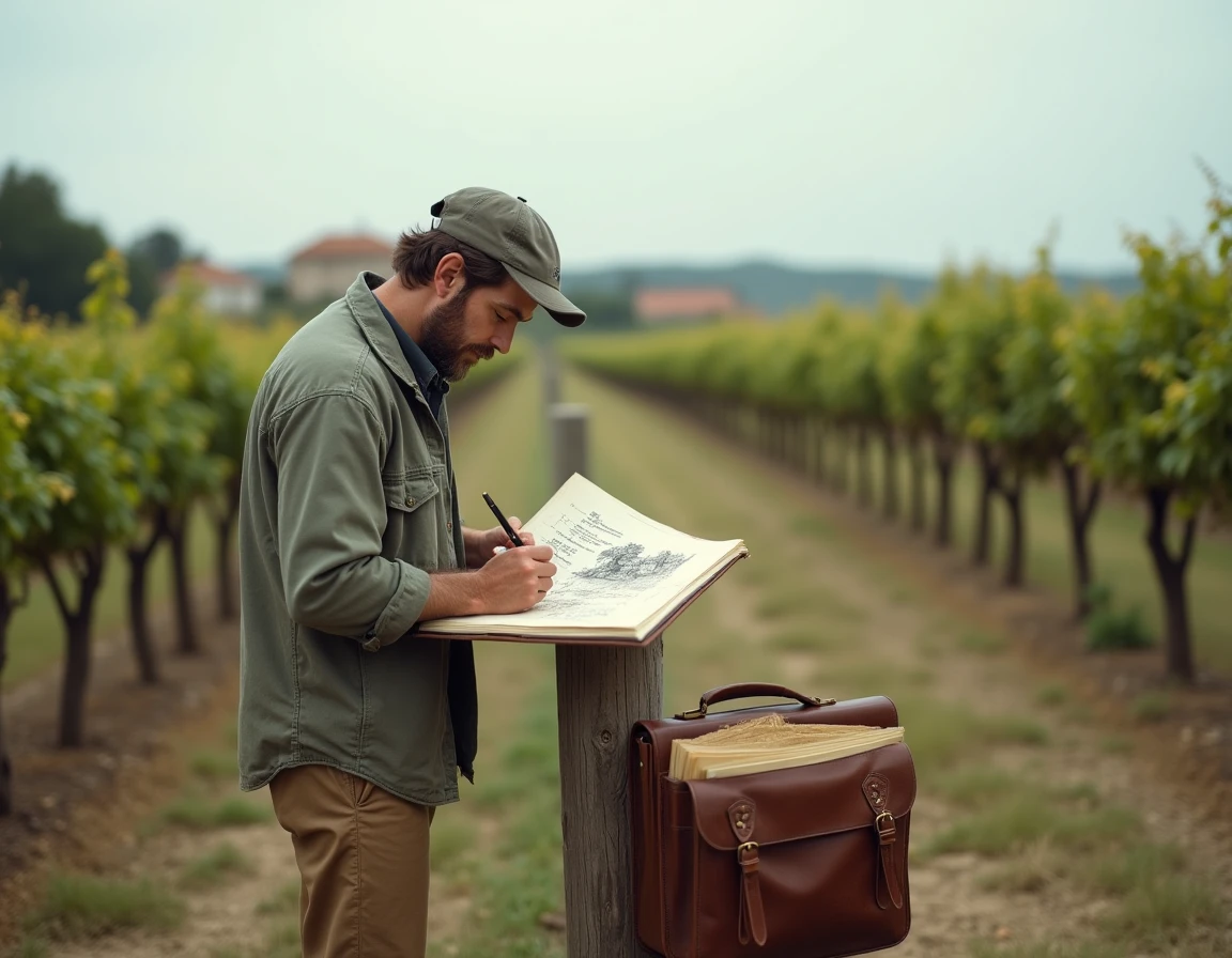 Artiste illustrateur travaillant dans un vignoble avec des documents administratifs agricoles dans son sac