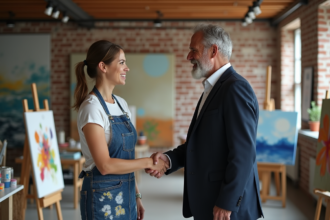 Femme artiste souriante serre la main d'un homme en studio d'art