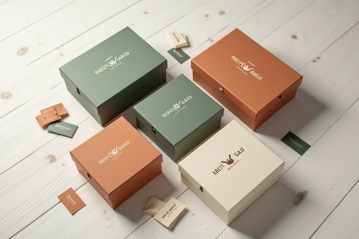 Assortiment de boîtes cadeaux avec différentes techniques d'impression logo sur fond bois blanc, vue de dessus