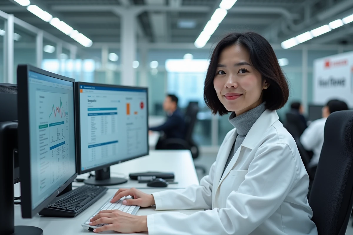 Ingénieure assurance qualité travaillant sur un logiciel d'intégration de processus qualité dans un bureau automobile