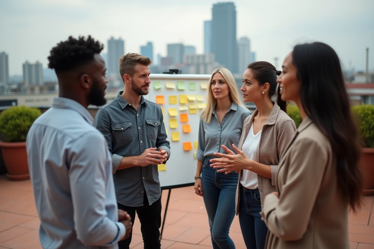 Groupe de professionnels divers participant à un atelier de brainstorming en plein air sur un rooftop, représentant un modèle de leadership distribué et collaboratif
