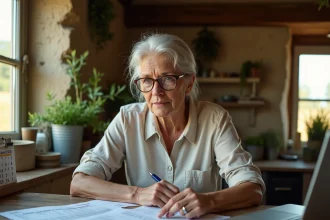 Auteure agricole consultant des documents administratifs MSA ou Urssaf dans un bureau de ferme rustique