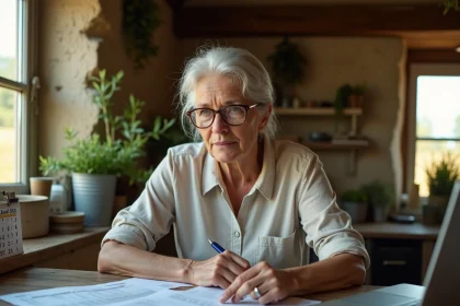 Auteure agricole consultant des documents administratifs MSA ou Urssaf dans un bureau de ferme rustique