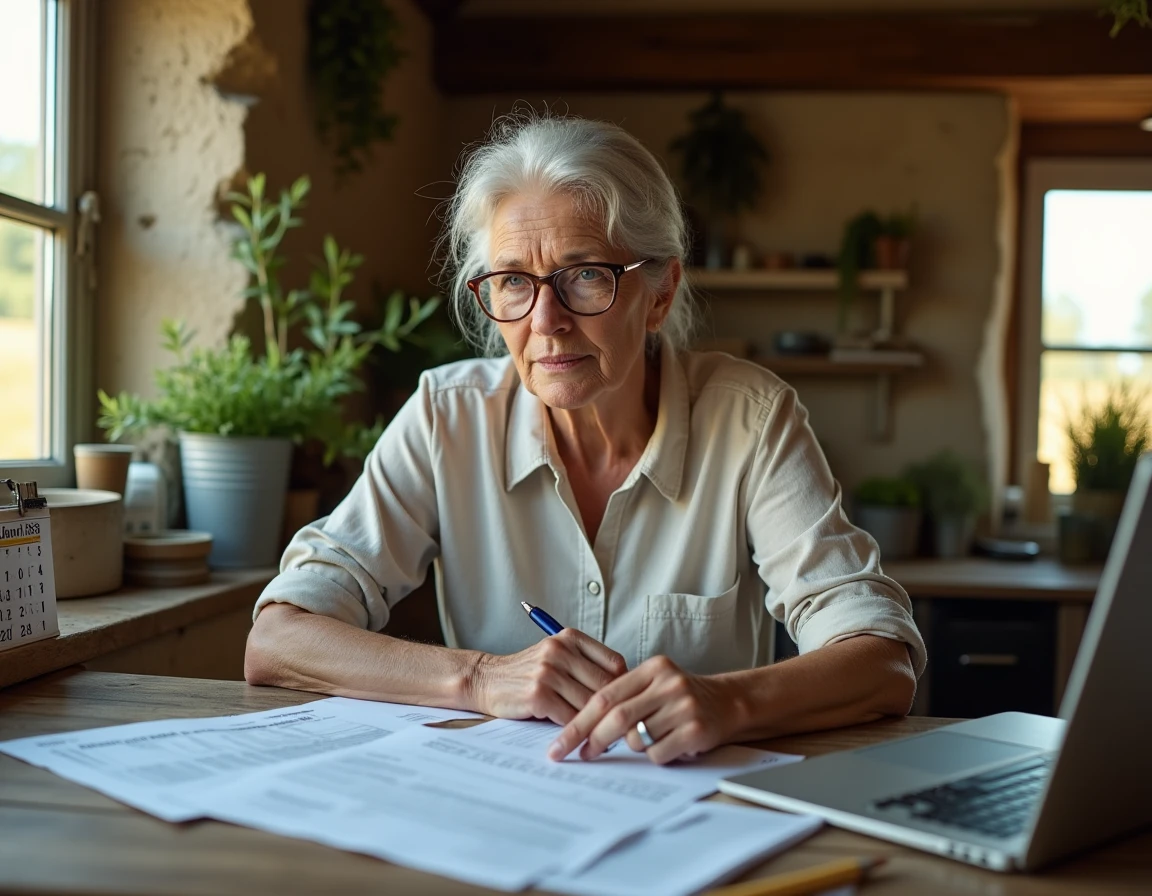 Auteure agricole consultant des documents administratifs MSA ou Urssaf dans un bureau de ferme rustique