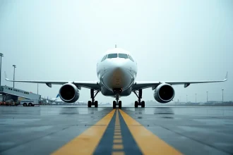 Avion de ligne gros-porteur stationné sur le tarmac d'un aéroport international, symbolisant la rivalité Boeing-Airbus et les enjeux climatiques de l'aviation commerciale