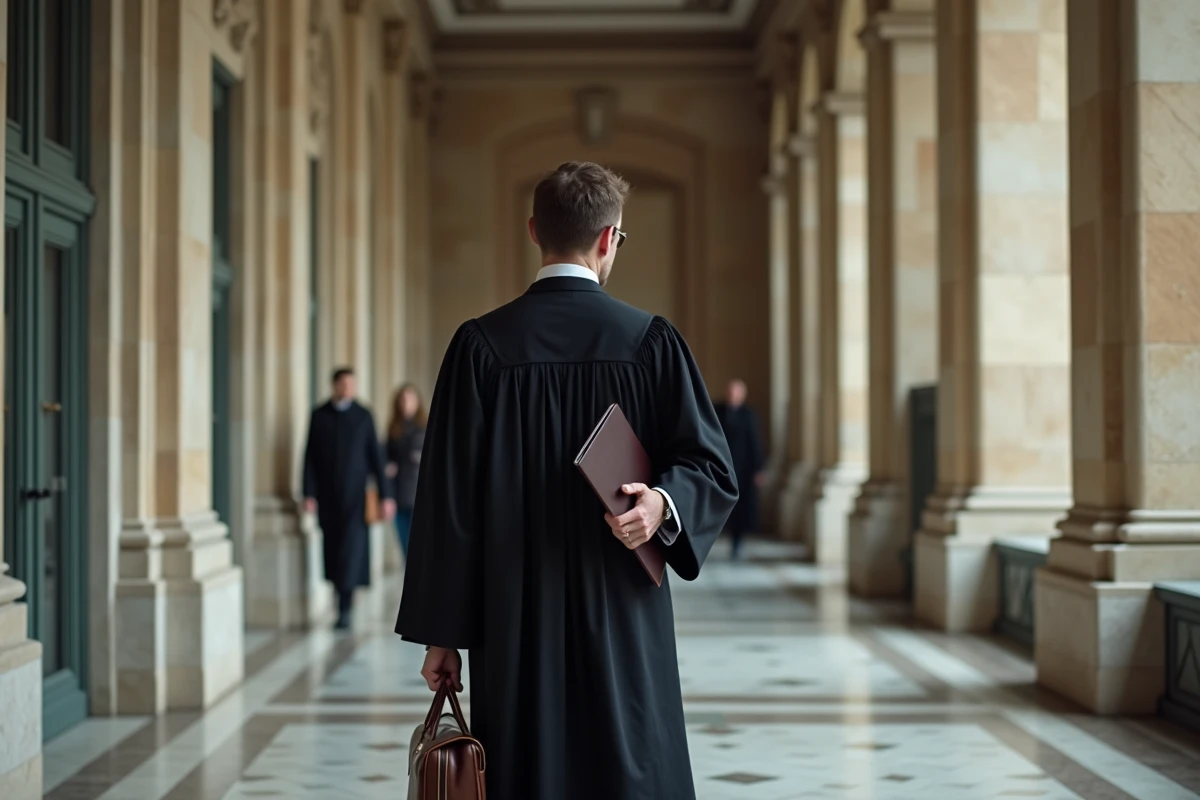 Avocat en robe noire dans un couloir de palais de justice illustrant le respect des règles déontologiques