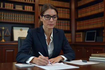 Avocate en robe de cabinet révisant un document juridique lié aux règles déontologiques de l'Ordre des avocats