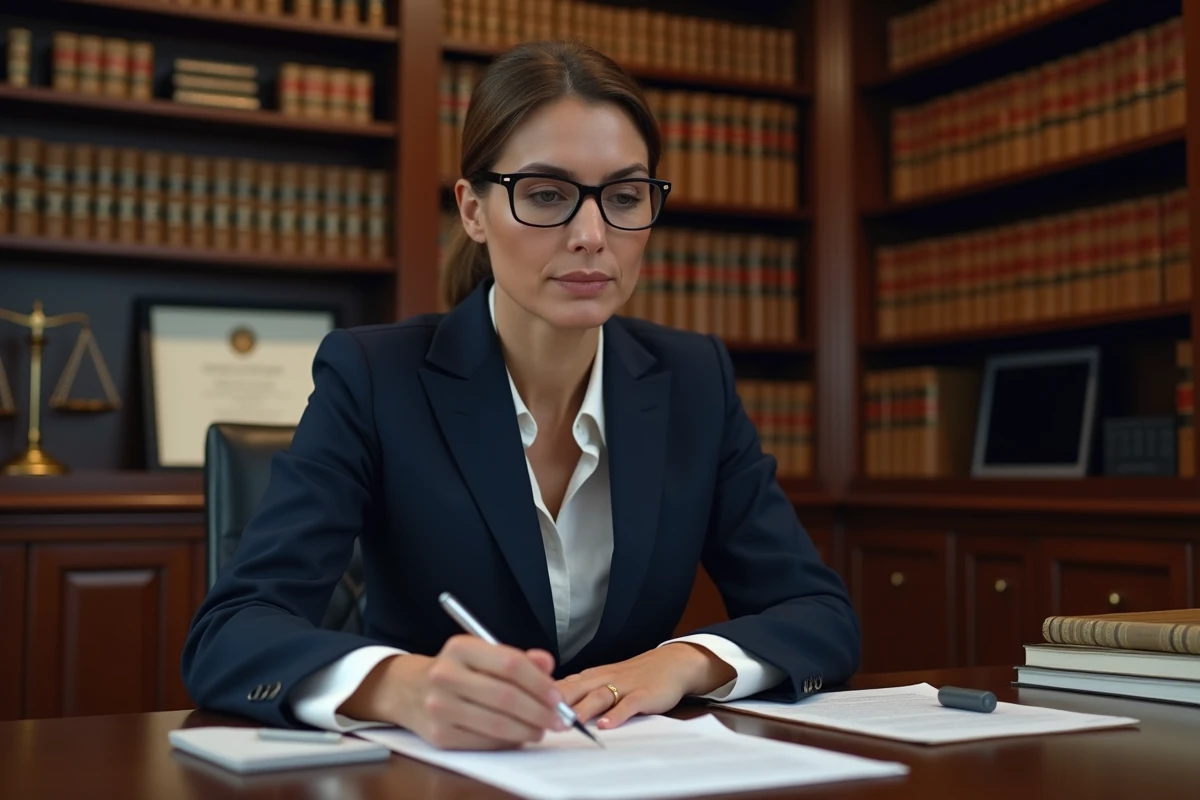 Avocate en robe de cabinet révisant un document juridique lié aux règles déontologiques de l'Ordre des avocats