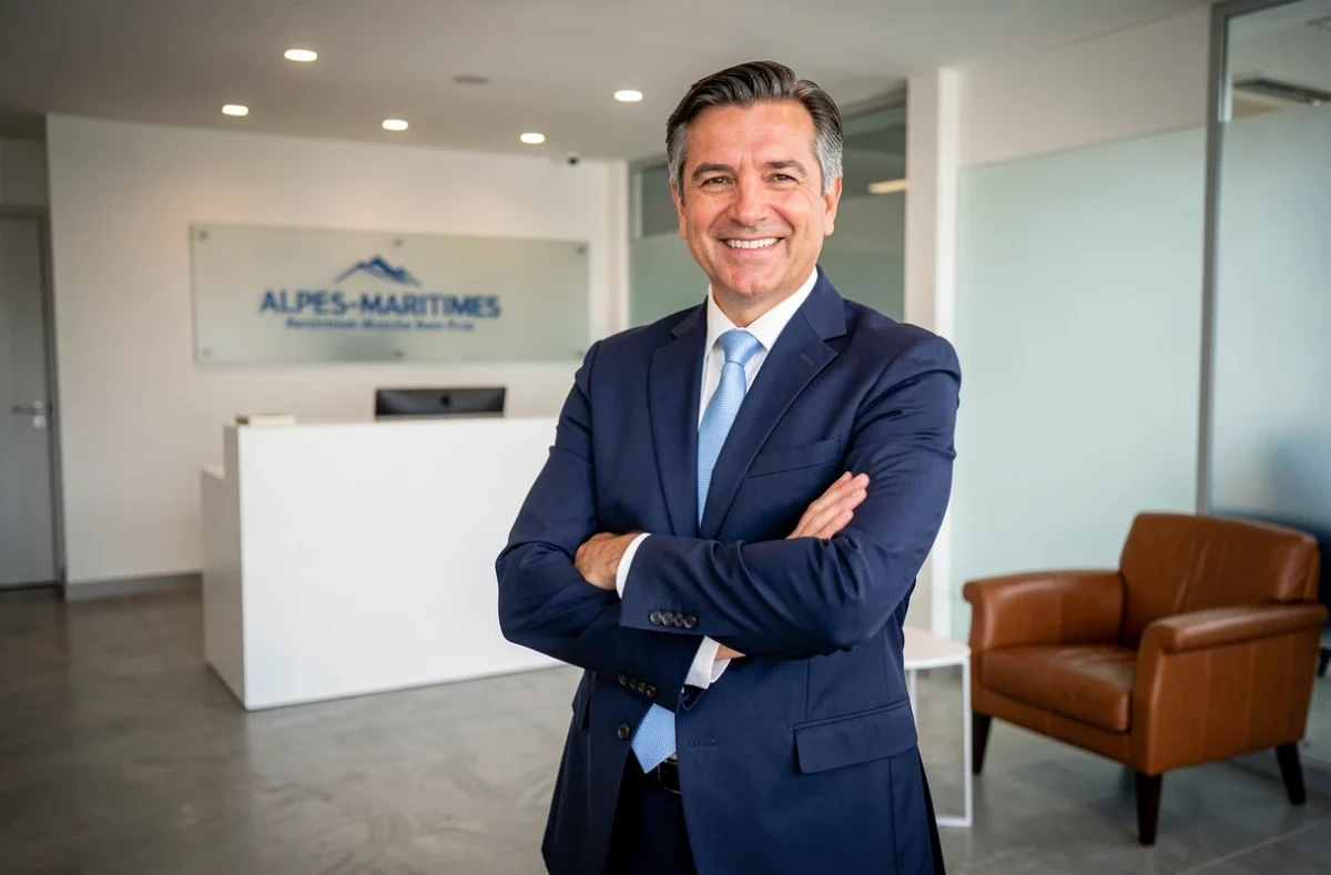 Directeur d'AZ Recrutement posant dans la réception moderne de son cabinet dans les Alpes-Maritimes