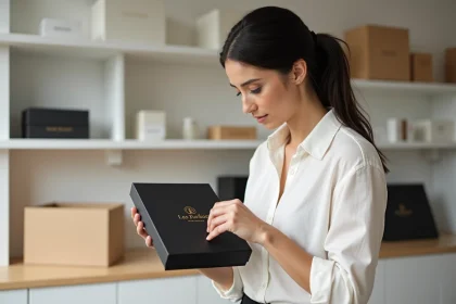 Femme examinant une boîte cadeau noire avec logo imprimé en dorure à chaud dans un studio de packaging professionnel