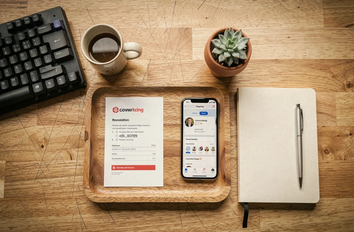 Vue du dessus d'un bureau de coworking avec une confirmation de réservation de table et une application mobile