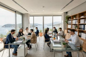 Vue d'ensemble d'un cabinet de recrutement moderne dans les Alpes-Maritimes avec vue sur la Méditerranée