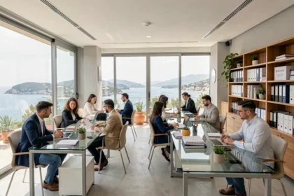 Vue d'ensemble d'un cabinet de recrutement moderne dans les Alpes-Maritimes avec vue sur la Méditerranée