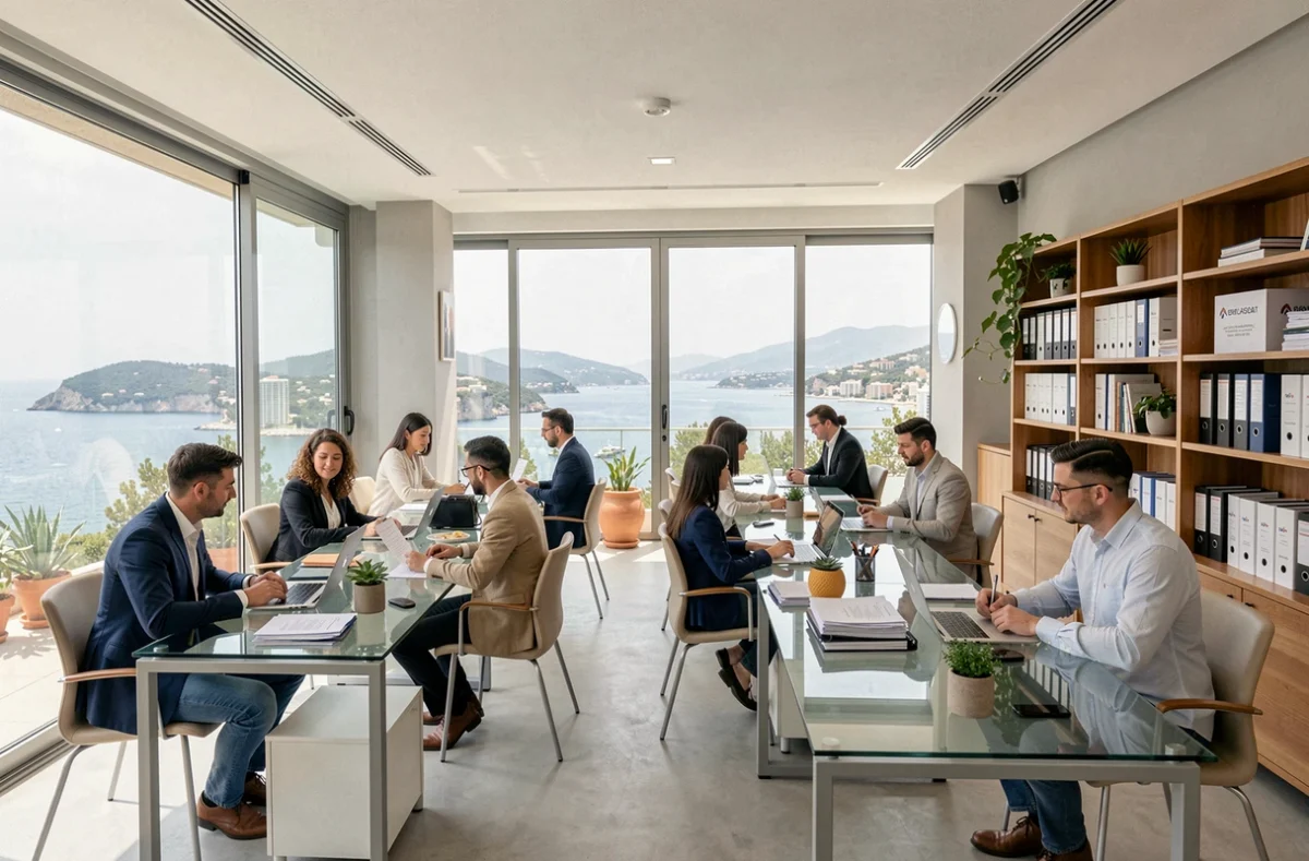 Vue d'ensemble d'un cabinet de recrutement moderne dans les Alpes-Maritimes avec vue sur la Méditerranée
