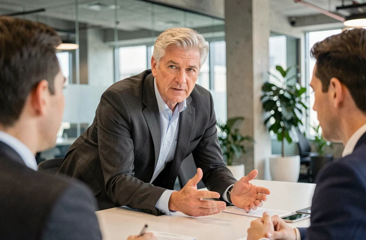 Cadre senior en costume charcoal animant une réunion de consulting avec des collègues plus jeunes dans un bureau moderne vitré