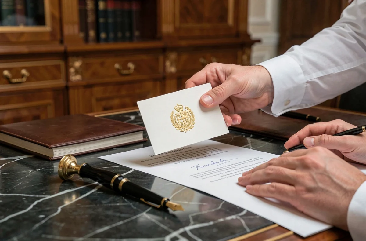 Gros plan sur une carte de visite de notaire avec le logo officiel posée sur un bureau en marbre lors d'un rendez-vous