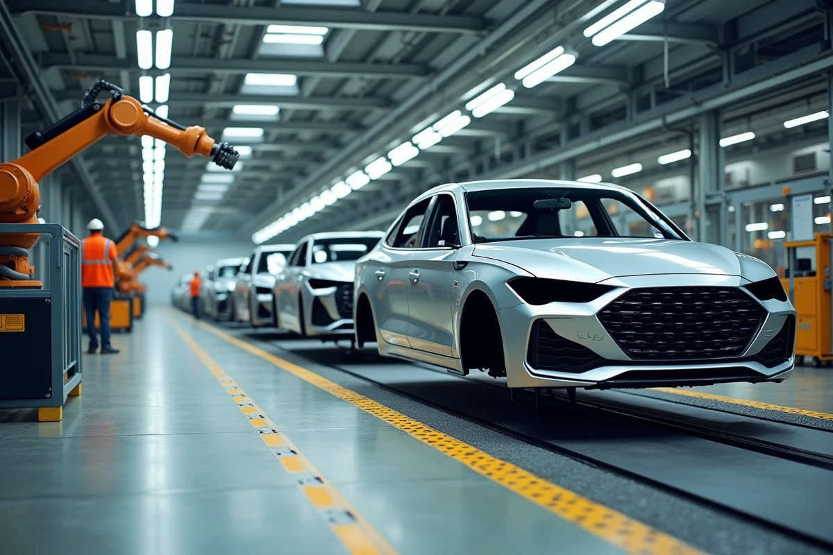 Chaîne d'assemblage automobile dans une usine moderne illustrant la production industrielle du groupe Stellantis
