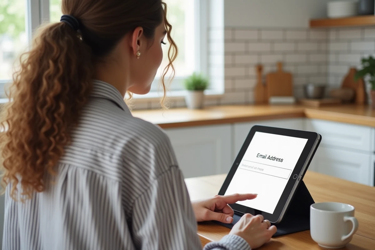 Jeune femme modifiant son adresse email dans son espace MyPeopleDoc sur une tablette dans une cuisine moderne