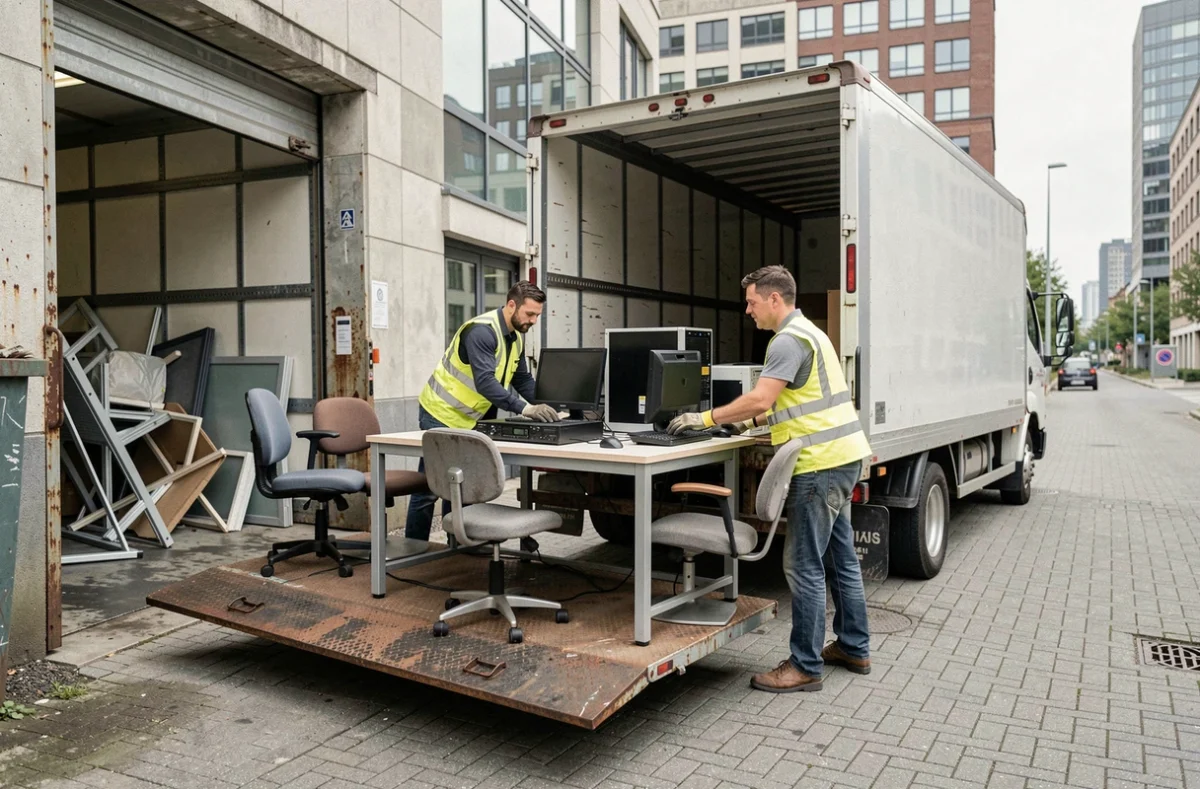 Chargement de mobilier de bureau lors d'un débarras d'entreprise sur un quai de livraison urbain