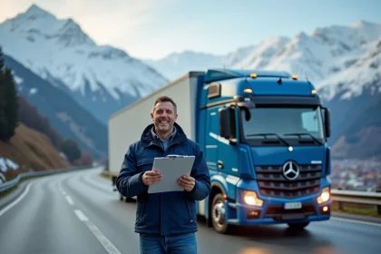 Conducteur de camion suisse devant un gros véhicule en montagne