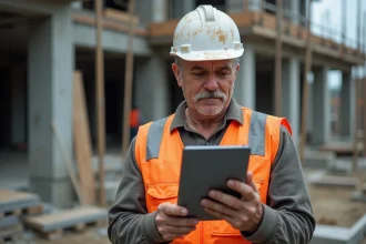 Artisan chef de chantier consultant un logiciel de suivi de chantier sur tablette numérique au milieu d'un chantier BTP actif