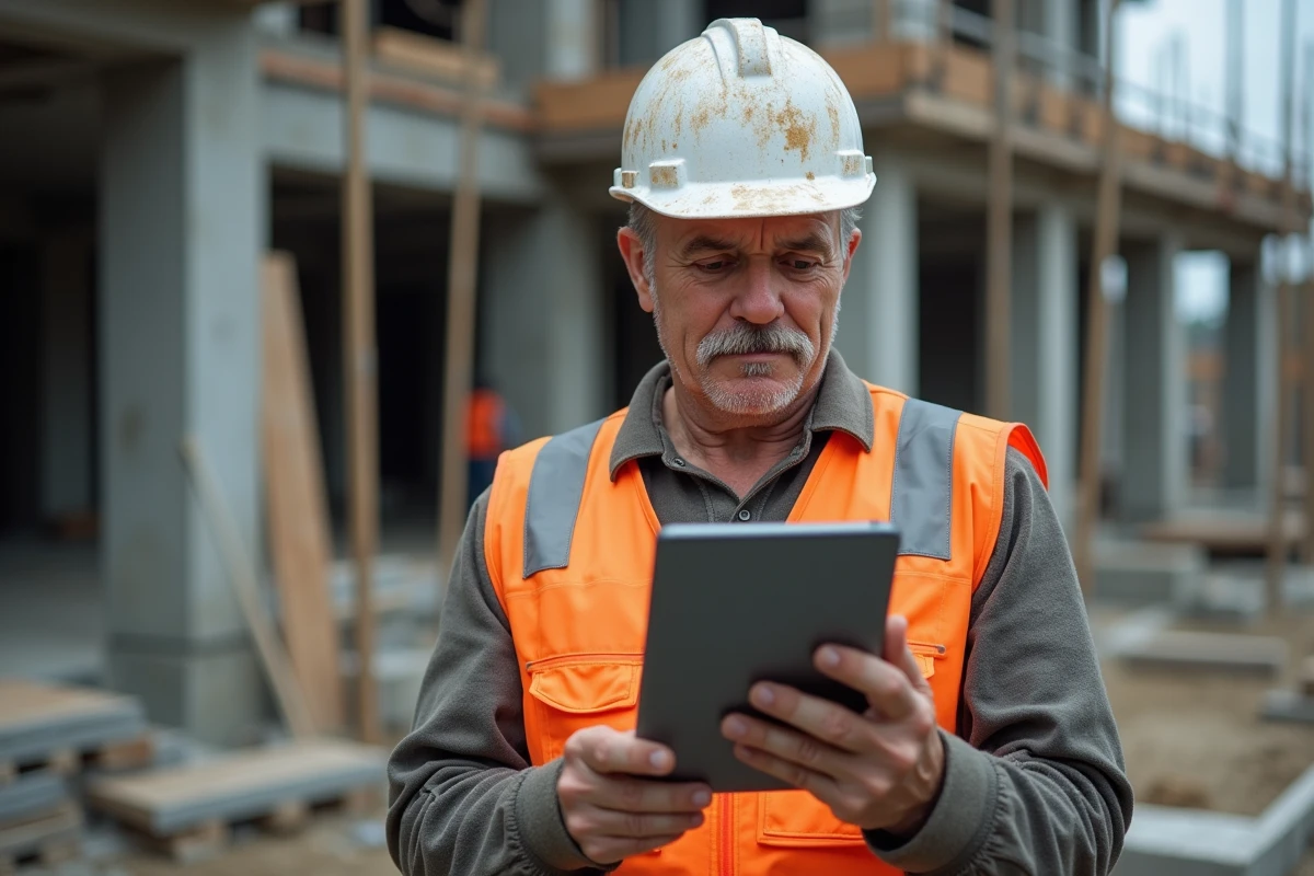 Artisan chef de chantier consultant un logiciel de suivi de chantier sur tablette numérique au milieu d'un chantier BTP actif