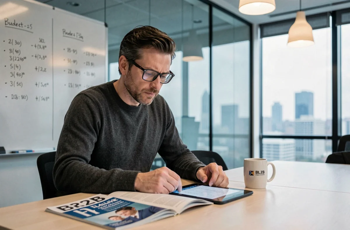 Chef d'entreprise TPE évaluant le retour sur investissement d'une campagne publicitaire dans un magazine B2B professionnel
