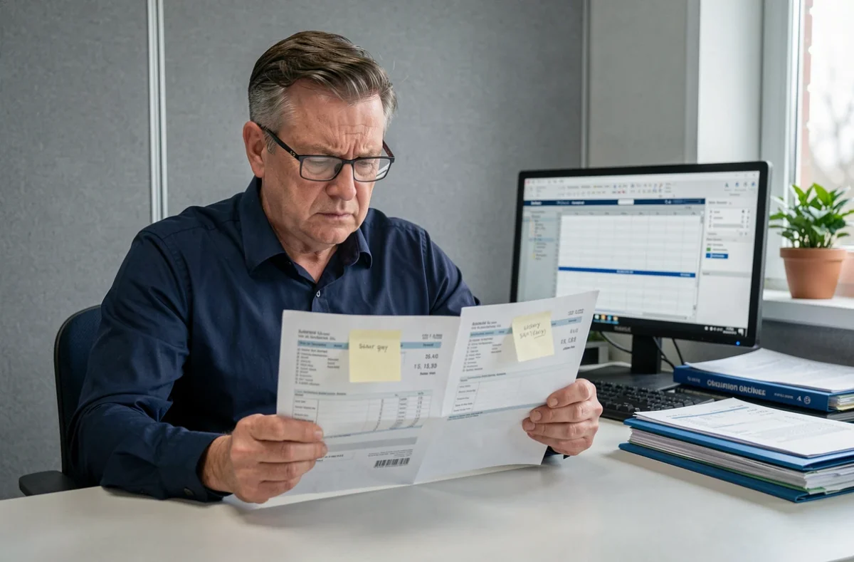 Chercheur CNRS titulaire comparant deux fiches de salaire sur son bureau institutionnel pour analyser les différences de rémunération